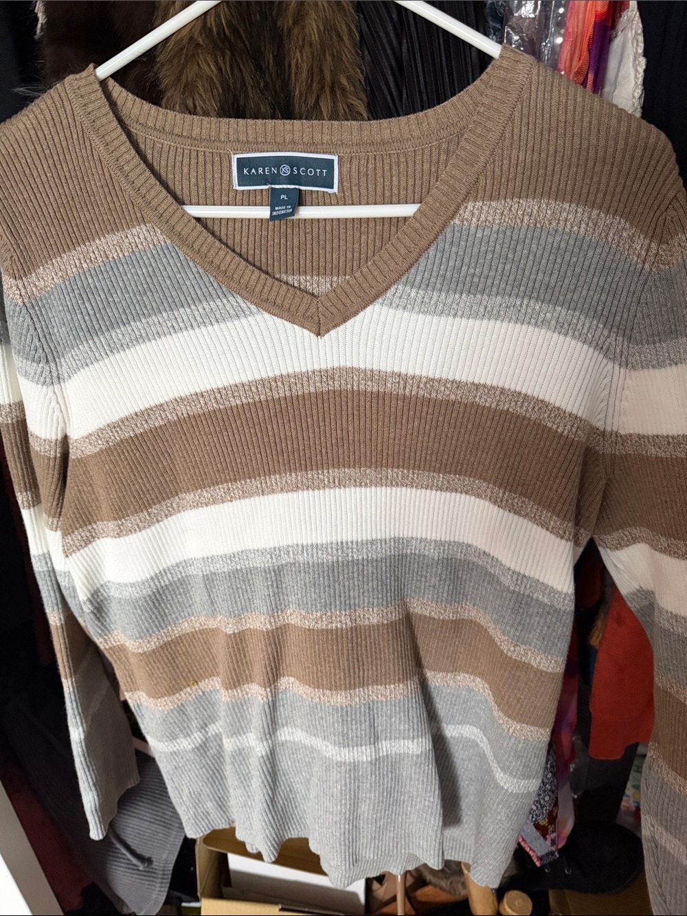 Karen Scott Men's V-Neck Striped Sweater in Tan, Gray & White